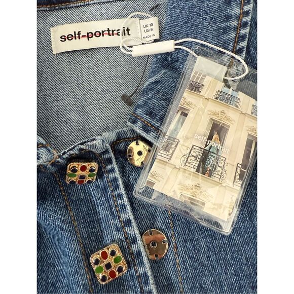 NWT SELF-PORTRAIT Pleated Denim Mini Top Skirt Set Size 6 - Picture 10 of 12